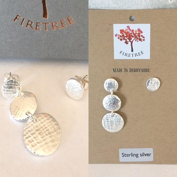Mismatch Silver Stud Drop Earrings. Recycled Round Button Studs.