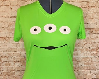 Toy Alien Women's V-Neck Tee - Green Alien Running Shirt - Costume Top - Three Eyed Alien Cosplay - Wicking T-Shirt