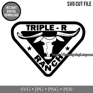 May include: A black and white digital graphic design featuring a triangular emblem with a longhorn steer head in the center. The text reads TRIPLE-R RANCH with two stars on the sides. The design includes the labels SVG CUT FILE and INSTANT DIGITAL DOWNLOAD.