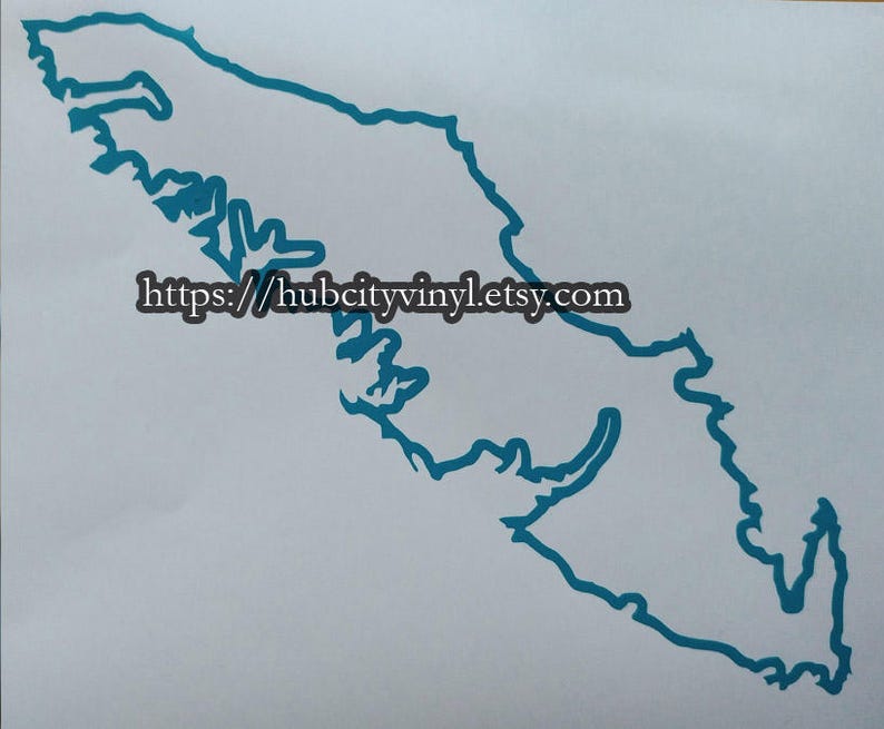 May include: A teal blue vinyl decal of the outline of Vancouver Island, Canada. The decal is on a white background. The text "https://hubcityvinyl.etsy.com" is printed below the decal.