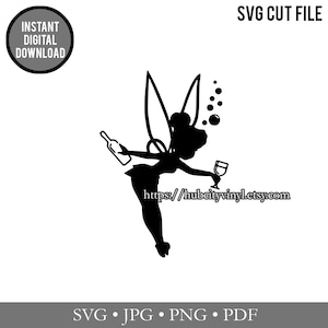 May include: Black silhouette of a fairy with wings, holding a bottle and a glass of wine. The fairy is surrounded by bubbles, suggesting she is intoxicated. The text "https://hubcityvinyl.etsy.com" is below the fairy.