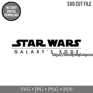 May include: Black and white digital download file for a Star Wars Galaxy's Edge logo. The text "SVG CUT FILE" appears at the top of the image. The text "https://hubcityvinyl.etsy.com" appears at the bottom of the image.