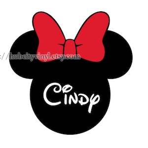 May include: Black and white silhouette of Minnie Mouse with a red bow and the name "Cindy" written in white.