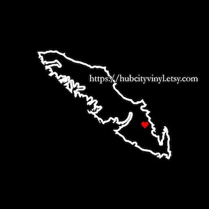 May include: A white outline of Vancouver Island with a red heart marking the location of Victoria, British Columbia. The text "https://hubcityvinyl.etsy.com" is displayed above the island.