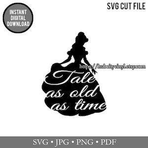 Puede incluir: Silueta negra de una princesa con un vestido con el texto "Tale as old as time" en una fuente blanca cursiva.