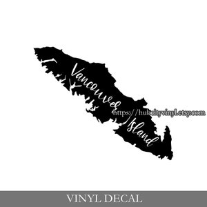 May include: Black and white vinyl decal of Vancouver Island with the text "Vancouver Island" and a website address.