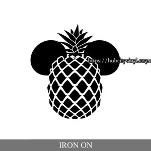 May include: Black and white iron-on design of a pineapple with Mickey Mouse ears. The design includes the text "https://hubcityvinyl.etsy.com".