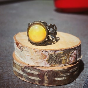 Filigree Yellow ring,adjustable ring, coloured ring, statement ring, antique brass ring, glass dome ring,jewelry gift for her