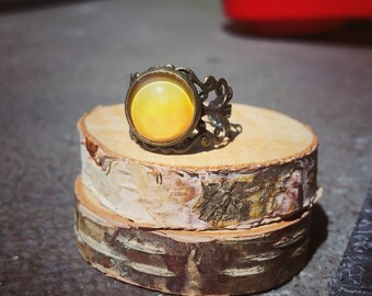 Filigree Yellow ring,adjustable ring, coloured ring, statement ring, antique brass ring, glass dome ring,jewelry gift for her
