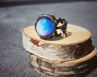 Filigree Blue and white cloud ring,adjustable ring, coloured ring, statement ring, antique brass ring, glass dome ring,jewelry gift for her