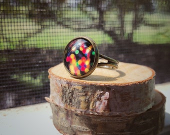 Colorful Dots ring, adjustable ring, statement ring, antique brass ring, glass dome ring, antique bronze ring, jewelry gift