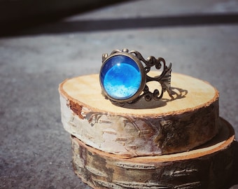 Filigree Blue ring,adjustable ring, coloured ring, statement ring, antique brass ring, glass dome ring,jewelry gift for her