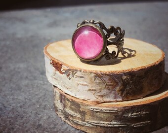 Filigree pink ring,adjustable ring, coloured ring, statement ring, antique brass ring, glass dome ring,jewelry gift for her