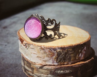 Filigree pink ring,adjustable ring, coloured ring, statement ring, antique brass ring, glass dome ring,jewelry gift for her