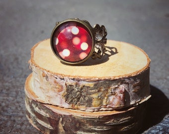 Polka dots Ring, Filigree Red sparkly ring, adjustable ring,  antique brass ring, glass dome ring, antique bronze ring, jewelry gift for her