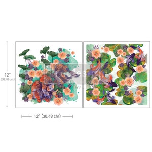 May include: Two-panel artwork featuring colorful koi fish and betta fish swimming among lily pads and flowers. The artwork is 12 inches (30.48 cm) wide and 12 inches (30.48 cm) tall. The fish are orange, purple, and blue, with peach and green floral accents.