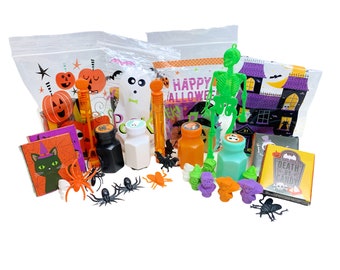May include: A selection of Halloween party favours and treats. Includes clear bags with pumpkin and ghost designs, orange and black spiders, green skeleton, bubble bottles, and small notebooks with Halloween graphics.