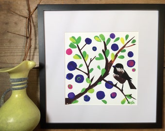 Bird lover, Chickadee, 8 x 8 collage print, blueberry, song bird,