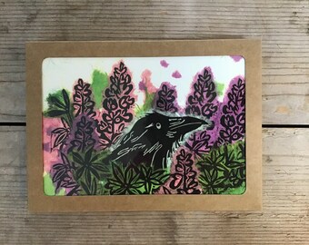 Lupine Raven Set of 10 Art Cards, block print, collage, blank cards, 5 x7, Alaska