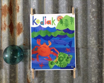 Kodiak, Down by the Sea, Crab, Halibut, 8 x 10 Art Print