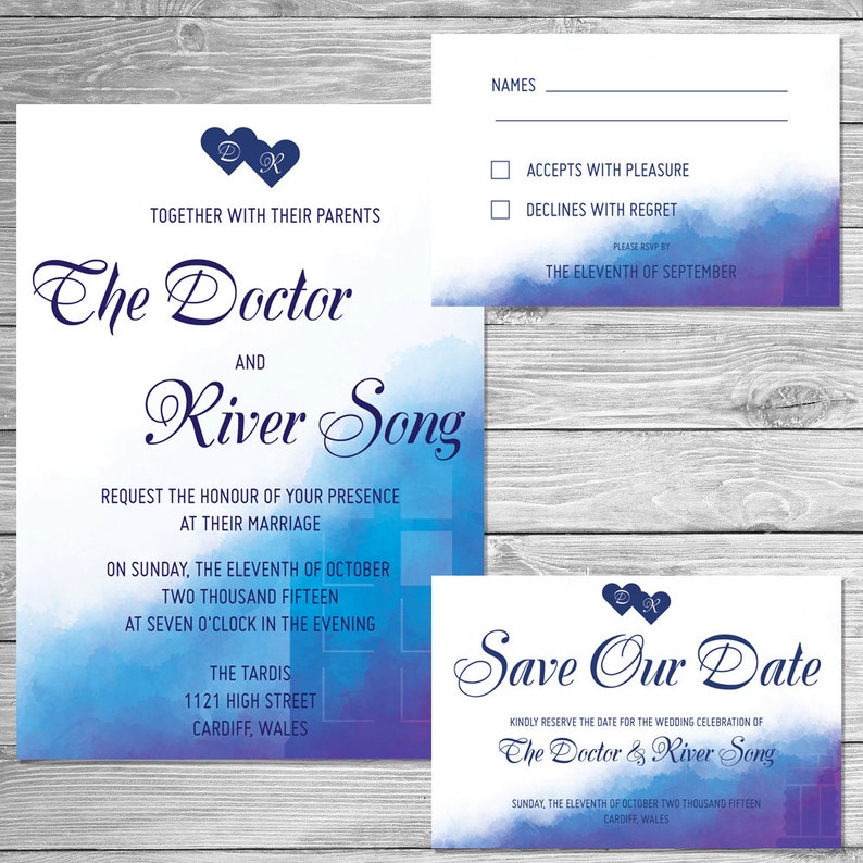 Doctor Who wedding invitation suite includes Save the Date /& RSVP