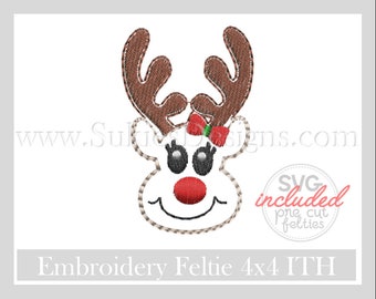 Girl Christmas reindeer Feltie Machine Embroidery Design, motifs de broderie feltie, fichiers feltie, dessins ITH, feutres de Noël, feutre ITH