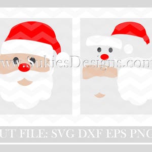 May include: A digital cut file of a Santa Claus face with a red hat and white beard. The file is available in SVG, DXF, EPS, and PNG formats. www.SukiesDesigns.com