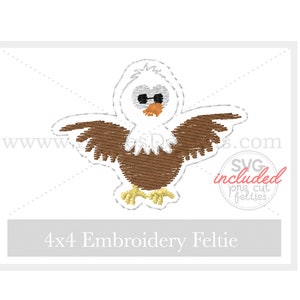 Puede incluir: Una aplicación de fieltro bordada de 4x4 pulgadas que representa un águila marrón y blanca con patas amarillas y ojos negros. El águila lleva gafas de sol.
