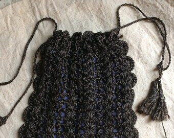 Vintage Black Crocheted Purse  Handmade Purse  Drawstring Purse  Ladies Purse Vintage Handbag