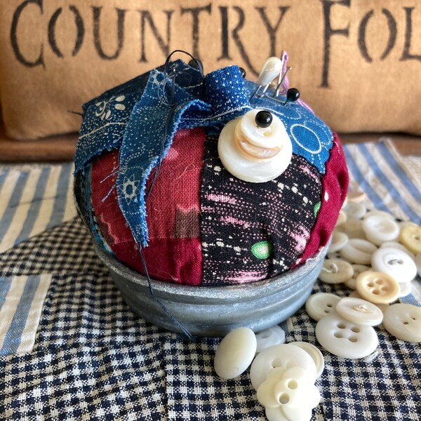 Blue Calico Pin Cushion in Zinc Lid, Pin Keep, Early Look Vintage Sewing Item, Quilt Square, Old Buttons, Primitive Shabby Farmhouse Decor