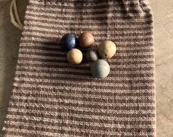 Seed Bag, Ditty Bag & 6 Vintage Clay Marbles, Early Brown Fabric, Civil War Marbles, Soldiers Game, Primitive Farmhouse Decor Toy FAPM