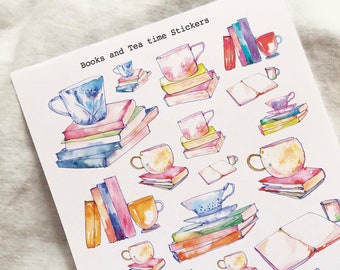 Books and Tea time Stickers, Planner stickers, Planning Stickers, Vintage Theme stickers, Reading planner, tea cup