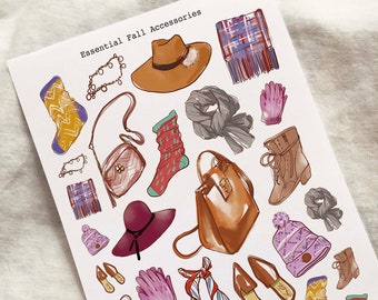 May include: A collection of fall-themed accessories, including a hat, gloves, socks, scarves, and bags. The items are illustrated in a cartoon style with a variety of colors and patterns.
