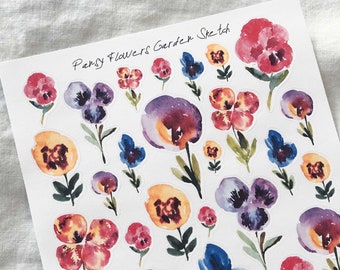 Pansy Flowers Garden Sketch Stickers / Watercolor Stickers, Hand drawn Stickers , Planner Stickers, Planner Decoration, flower stickers