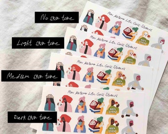 May include: Four sticker sheets titled Mini Autumn Life Girls Stickers, each featuring rows of illustrated figures in seasonal clothing. The sheets vary by skin tone, showing figures with no, light, medium, or dark skin tones in autumn outfits.