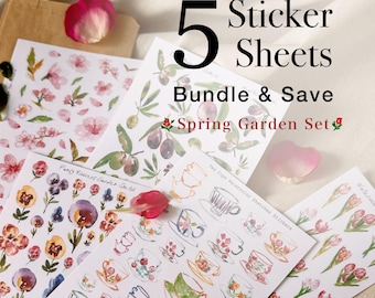 Watercolor Floral Sticker Bundle – 5 Sticker Sheets Set, Spring Garden Planner Stickers, Aesthetic Scrapbook Decor