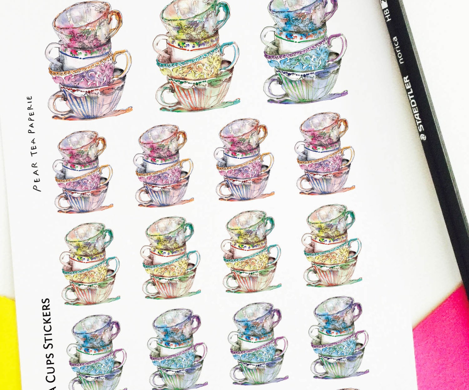 Tea Cups Stickers Colorful Tea Cup Stickers Decor Stickers Etsy