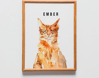 Custom Cat Portraits, Cat Watercolor Wash, Cat Portrait art, Printable animal art, Pet memorial gift, pet loss gift, Holiday Gift