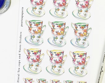 Floral Tea cups and Vases Stickers , Flower decoration, Floral art, watercolor art, Planning Decor ,Planner stickers
