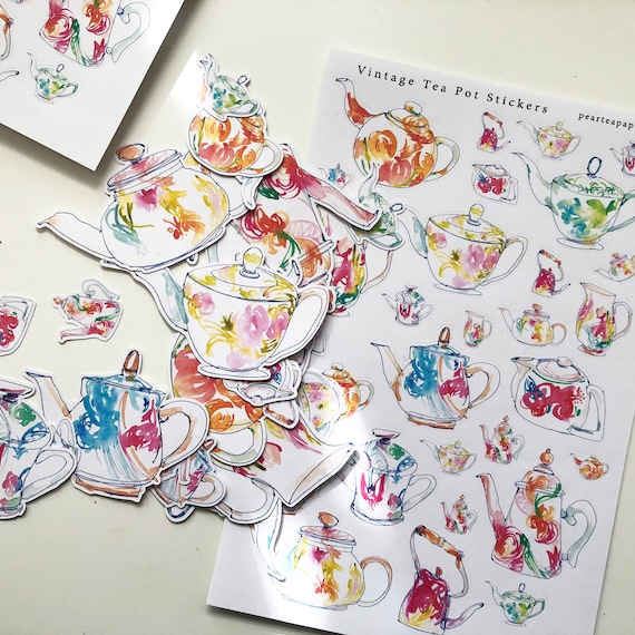 Vintage Tea pot Stickers , Vintage stickers, Planner stickers, Cactus Stickers, Watercolor Stickers