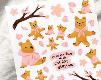 PearTeaBear with Cherryblossom Stickers, Flower Stickers, Animal Stickers, Cherry Blossom Stickers , Planner Stickers, Planner Decoration