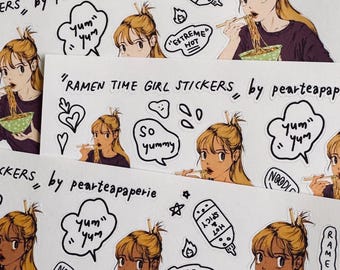 Ramen Time Girl – Cozy Cute Sticker Sheet | Girl Sticker Series | 4 Skin Tones | Matte Stickers