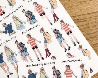 Mini Spring City Girls Stickers | Fashion Illustration Girl Sticker Sheet | 5” x 7” Matte Stickers | 4 Skin Tone Options