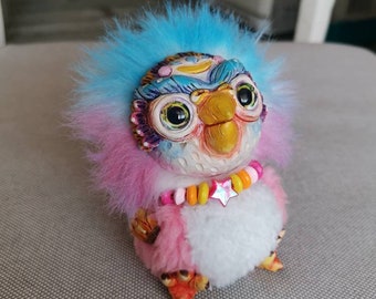 Parrot philosopher - cute creature. Artist made doll. Natural Clay ceramics, 4" OOAK OlVik Dolls Art doll animal. Ukraine Artist