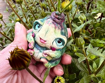 Garden root – kawaii sweet creature. Artist made fantastic art doll animal, 3", OOAK, natural clay. OlVik Dolls, beautiful custom figurine.