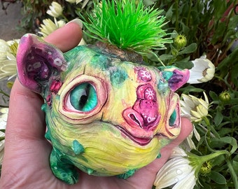 Frog cat - fantasy beast creature. Artist made clay gift art doll animal, 3", OOAK, natural clay. OlVik Dolls, beautiful custom figurine.