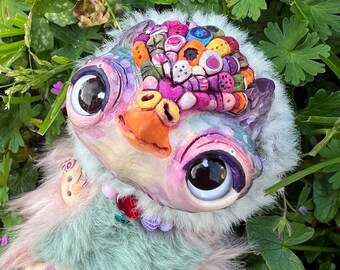 Owl toy – kawaii magical creature. Artist made fantastic art doll animal, 4", OOAK, natural clay. OlVik Dolls. Fantasy collection figurine