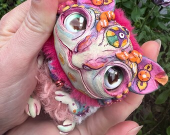 Flower dragon - adventurer seeker, artist toy from olvikdolls, ooak, natural clay materials, magical fantasy creature, collection figurine.