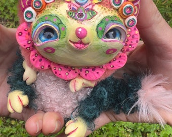Cat flower – cute creature. Artist made doll. Natural Clay ceramics, 4" OOAK OlVik Dolls Art doll animal. Ukraine Artist