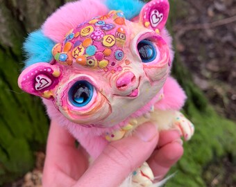 Pink kind candy beast – cute magical creature. Fantаsy beast gift, natural Clay ceramics toy, OOAK OlVik Dolls Art doll animal.